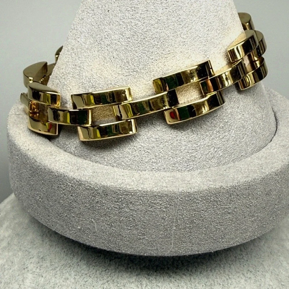 Gold Tone Link Bracelet Chunky Rectangular 7.5